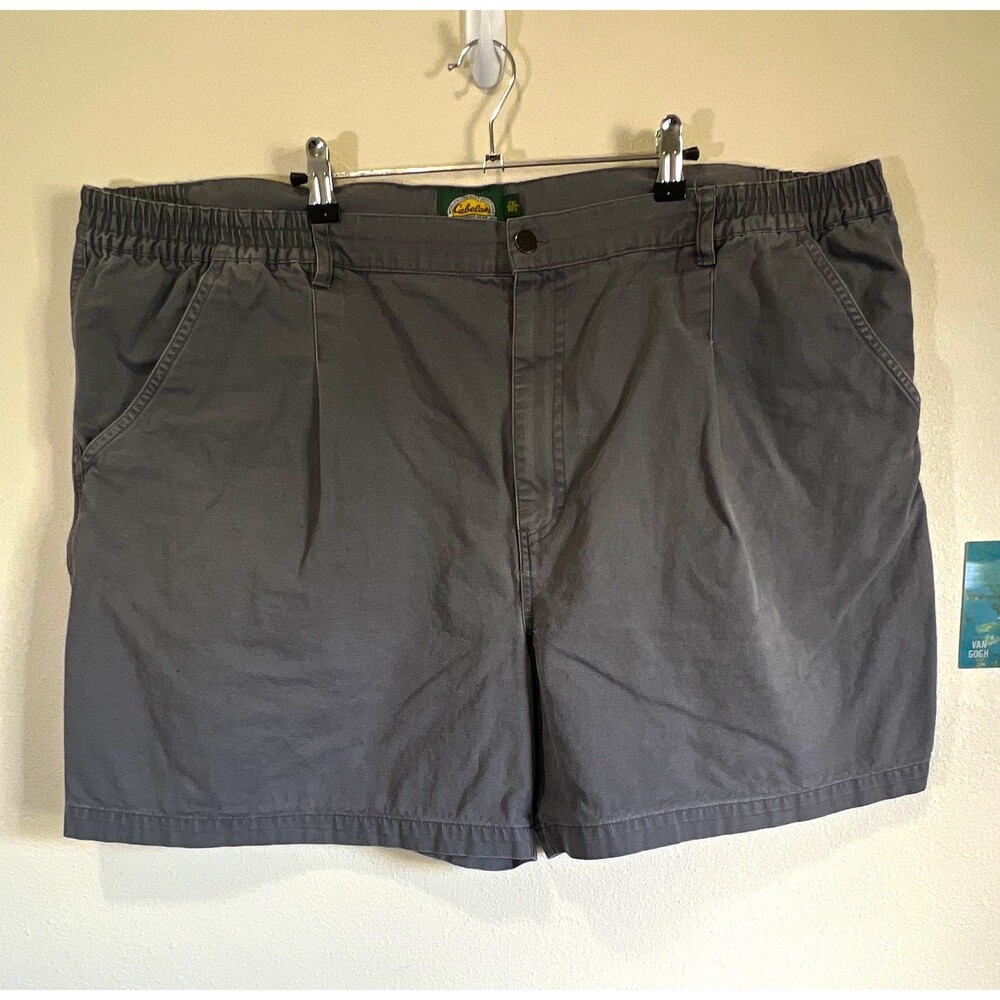 Cabela's Men's Gray Cotton Canvas Shorts Flat Front Button Elastic Waist Pockets